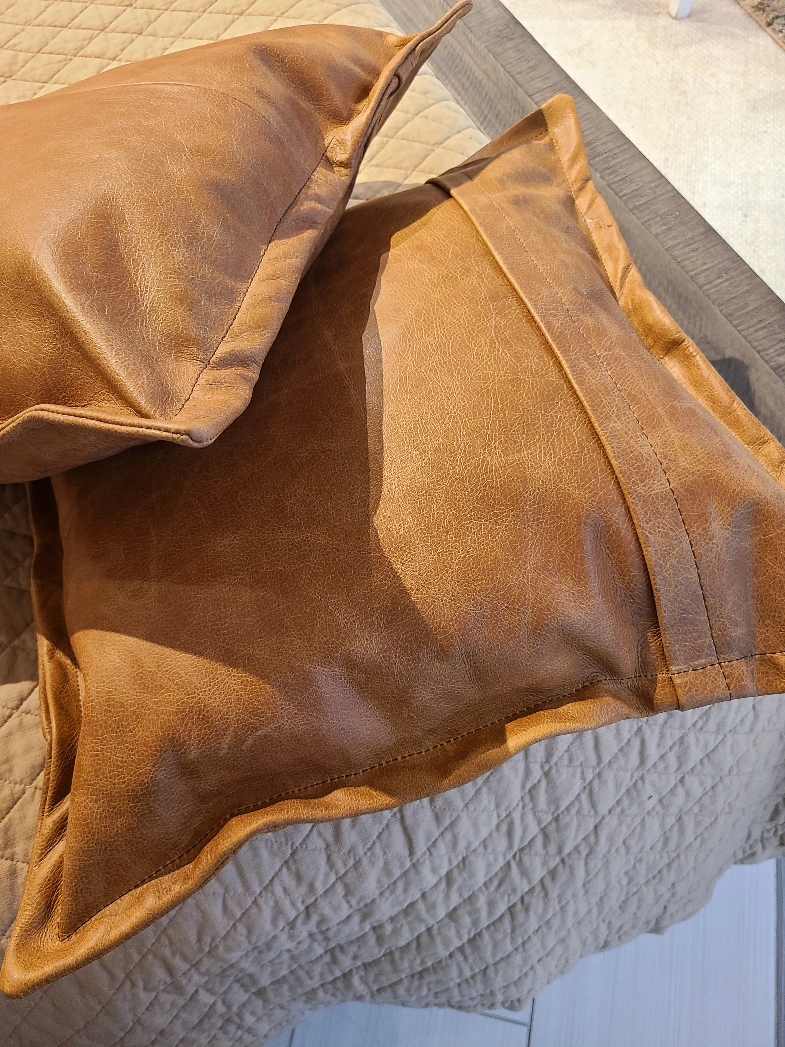 100% Lambskin Leather Caramel Brown Throw Pillow Cover - 22 x 22