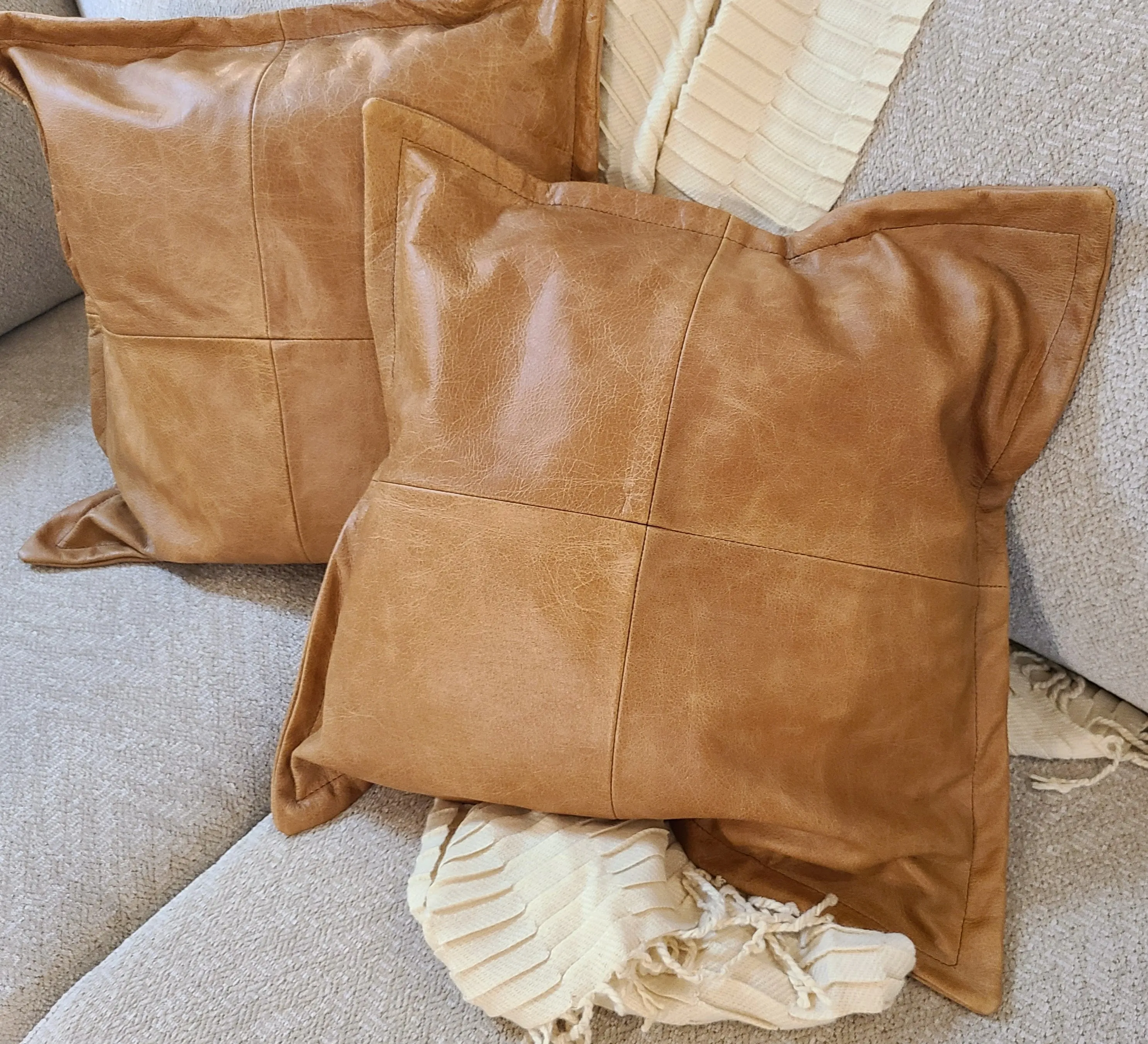 100% Lambskin Leather Caramel Brown Throw Pillow Cover - 22 x 22