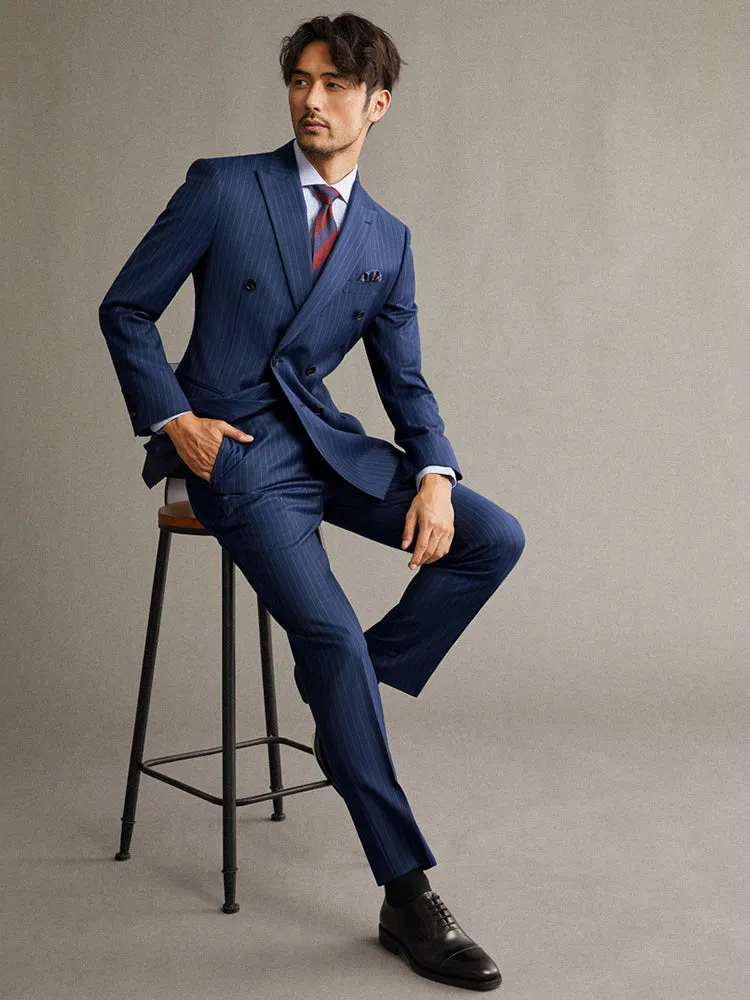 100% Wool Double Breasted Men Suit Deep Blue Striped Casual Mens Suits With Pants Wedding Groom Suit