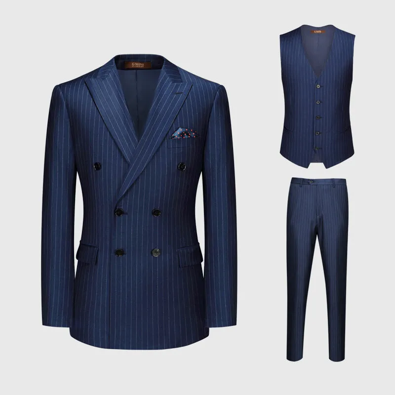 100% Wool Double Breasted Men Suit Deep Blue Striped Casual Mens Suits With Pants Wedding Groom Suit