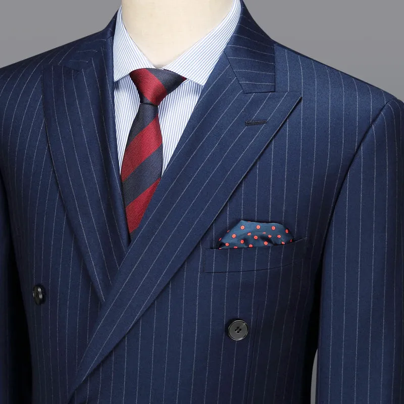 100% Wool Double Breasted Men Suit Deep Blue Striped Casual Mens Suits With Pants Wedding Groom Suit