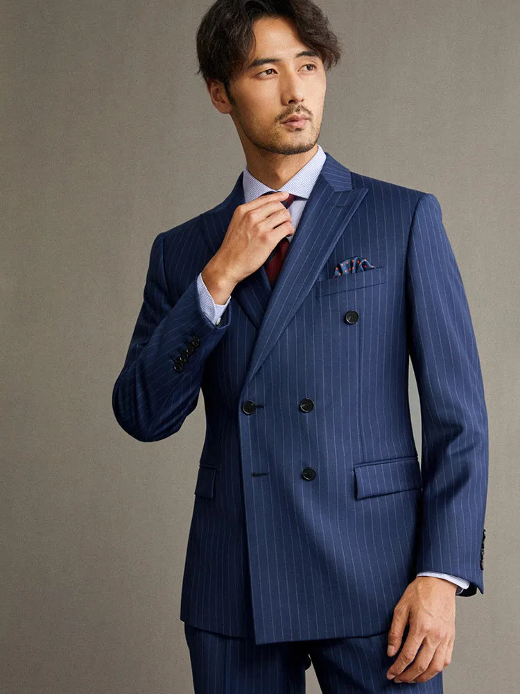 100% Wool Double Breasted Men Suit Deep Blue Striped Casual Mens Suits With Pants Wedding Groom Suit