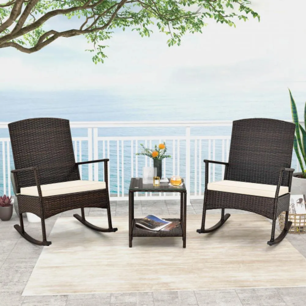 3 Piece Patio Rocking Set Wicker Rocking Chairs with 2-Tier Coffee Table-Off White