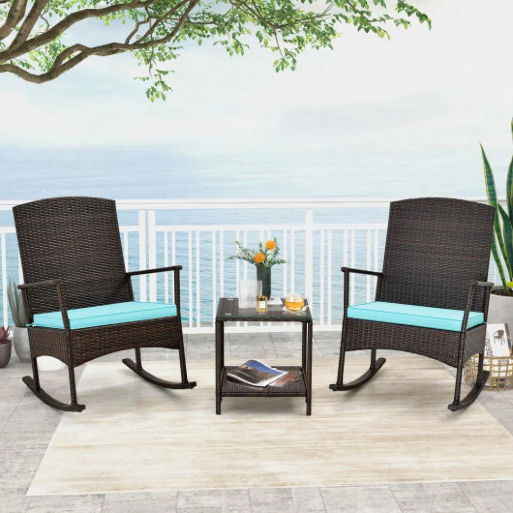 3 Piece Patio Rocking Set Wicker Rocking Chairs with 2-Tier Coffee Table-Off White