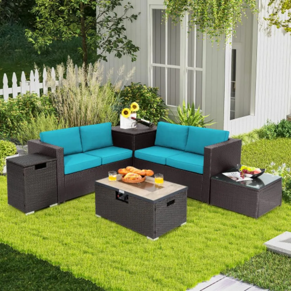 6 Pieces Outdoor Wicker Furniture Set with 32 Inch Propane Fire Pit Table-Turquoise