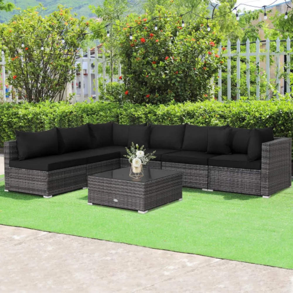 7 Pieces Patio Rattan Furniture Set Sectional Sofa Garden Cushion-Gray