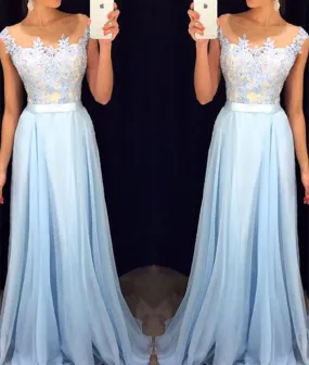 A-line Round Neck Lace Applique Chiffon Long Prom Dress, Formal Dress