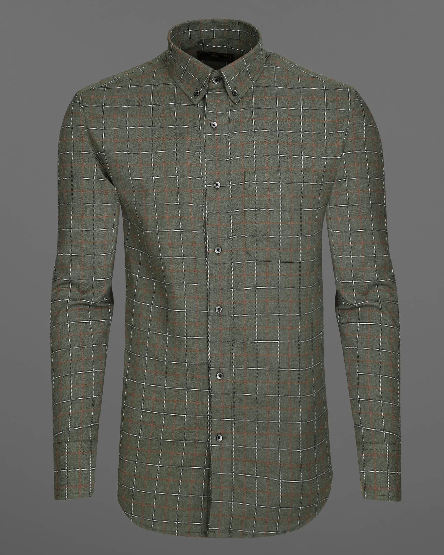 Asparagus Green Windowpane Dobby Textured Premium Giza Cotton Shirt