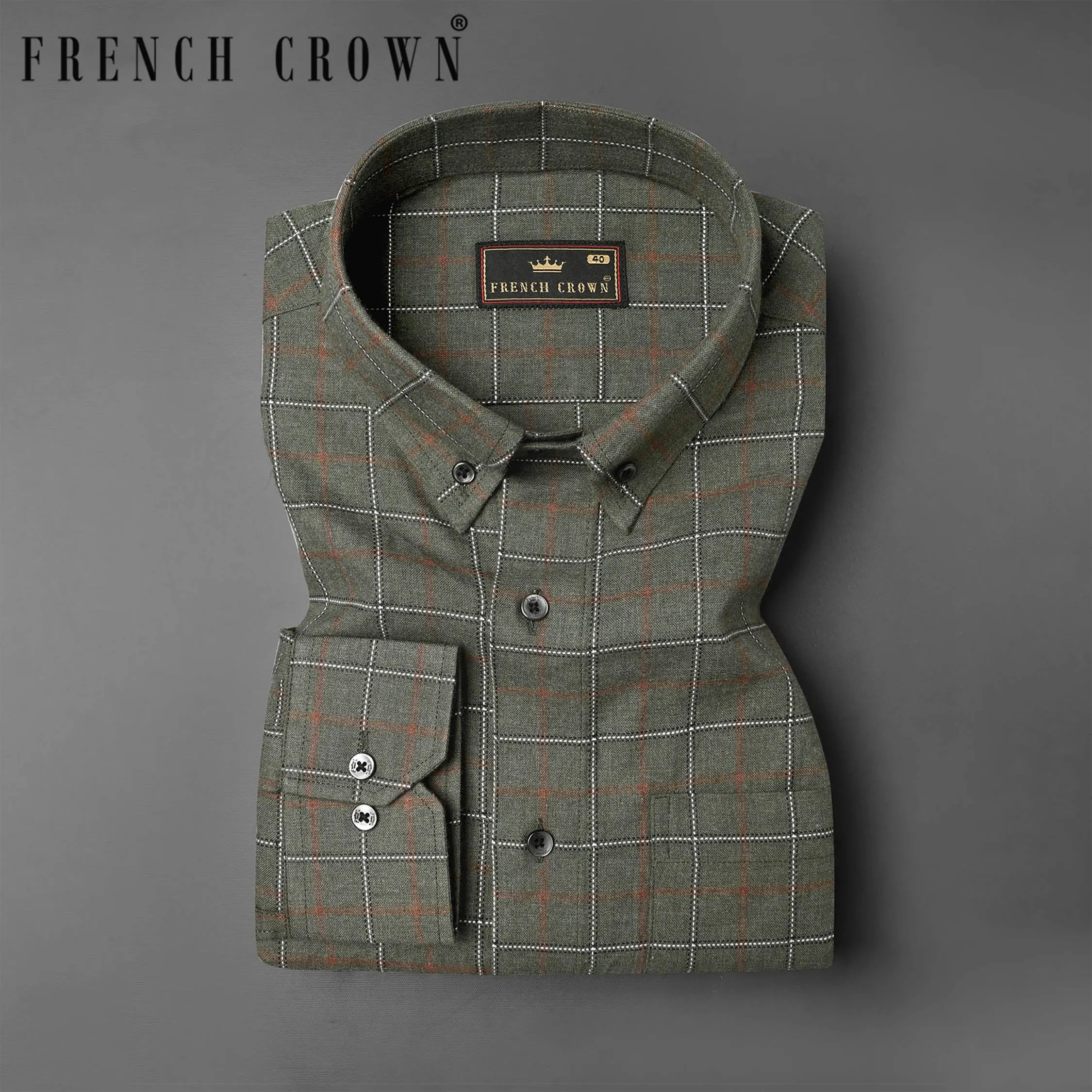 Asparagus Green Windowpane Dobby Textured Premium Giza Cotton Shirt