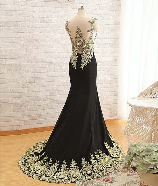 Black Round Neck Lace Applique long Prom Dress, Black Evening Dress