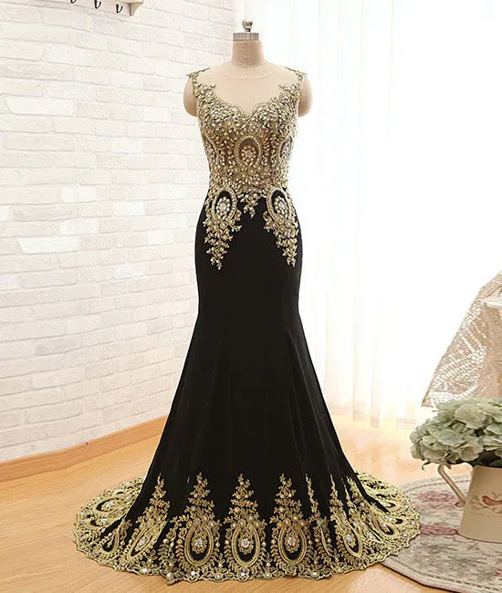 Black Round Neck Lace Applique long Prom Dress, Black Evening Dress