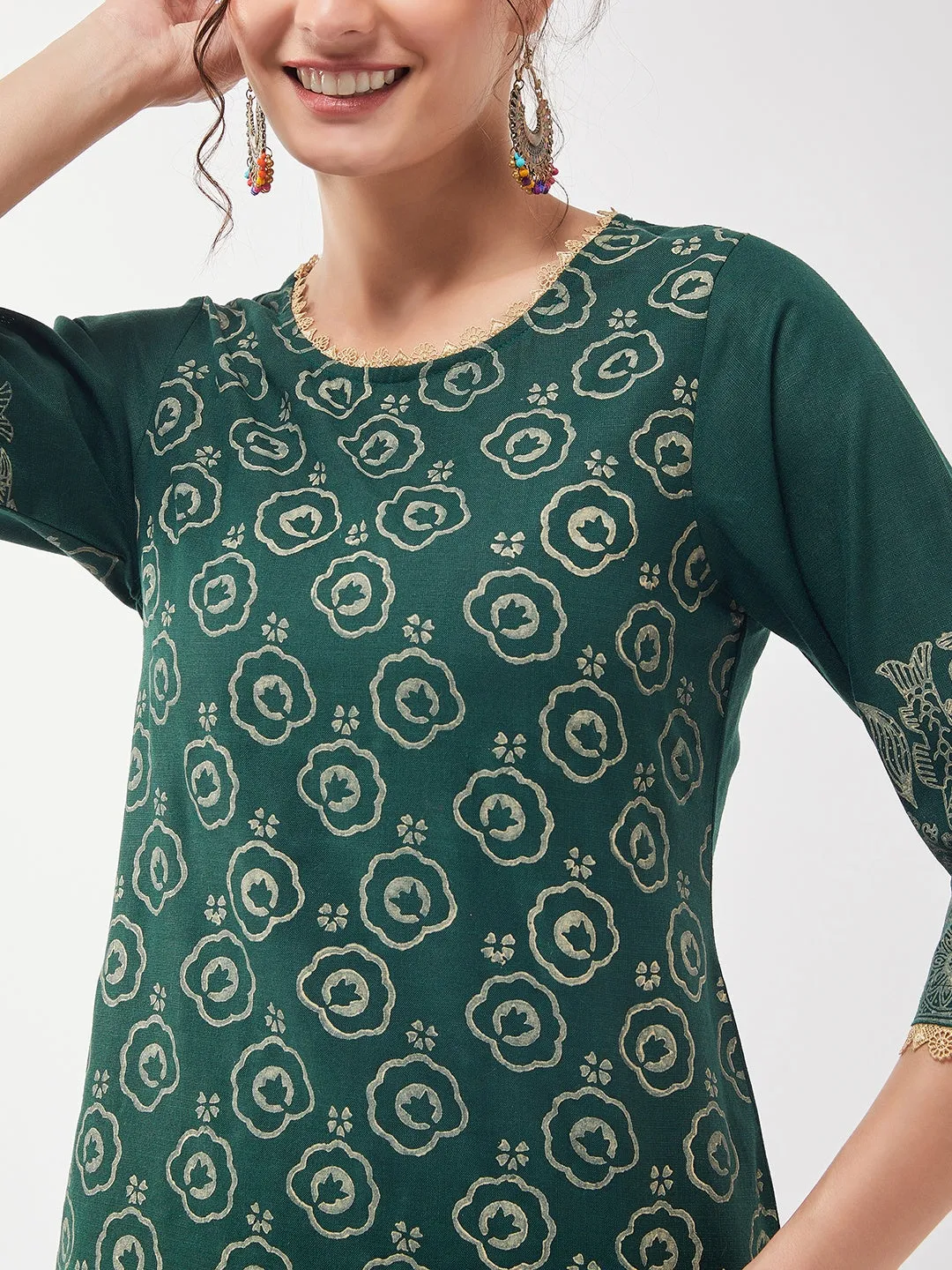 Casual Printed Kurta With Lace And Matching Pant Set