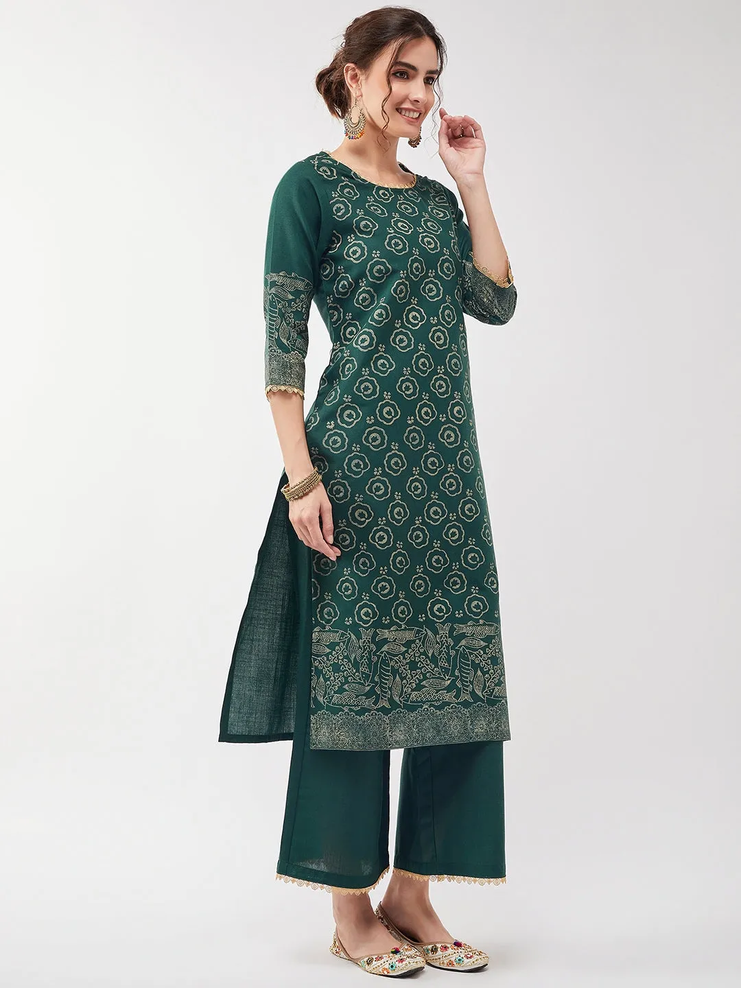 Casual Printed Kurta With Lace And Matching Pant Set