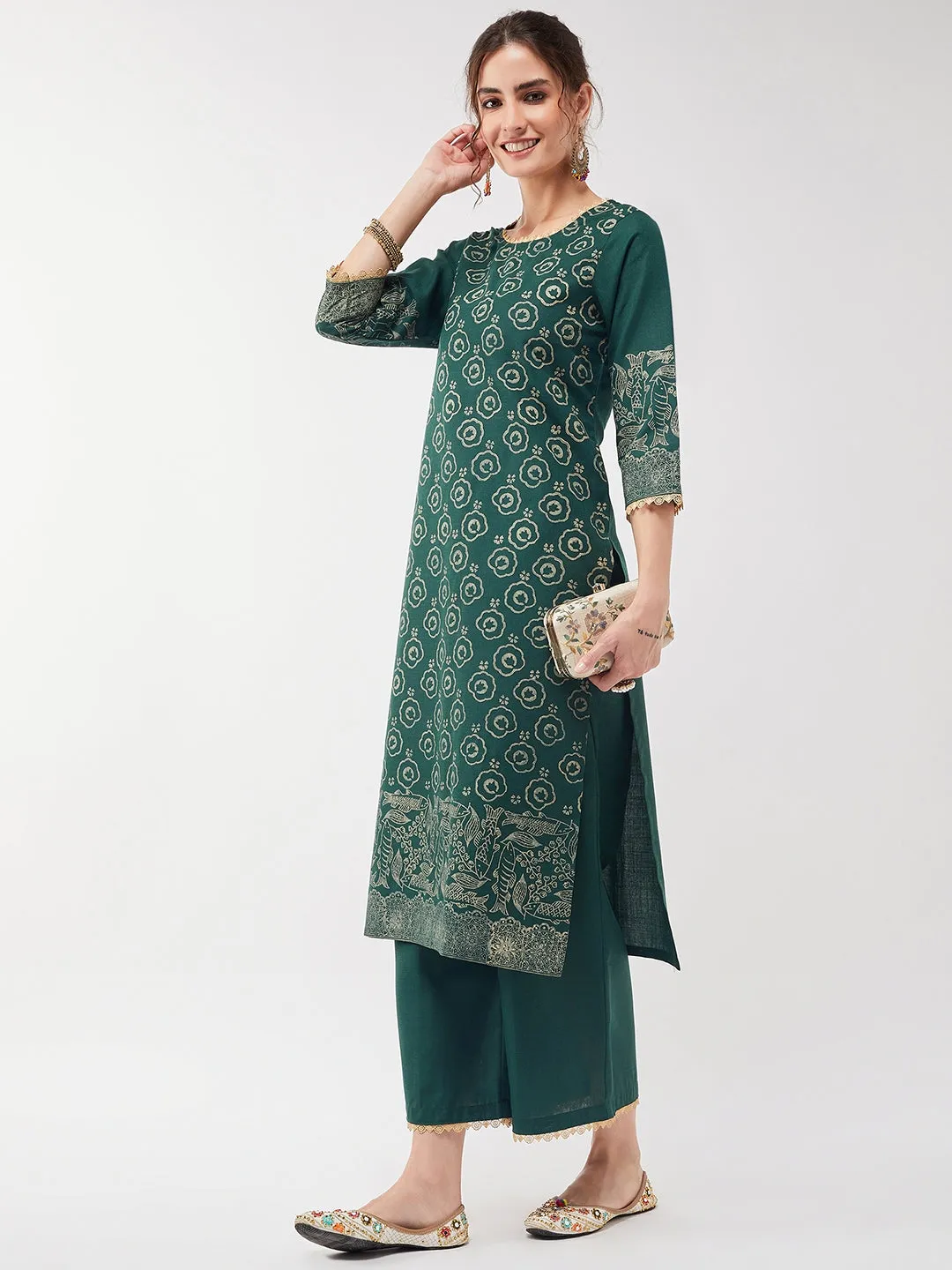 Casual Printed Kurta With Lace And Matching Pant Set