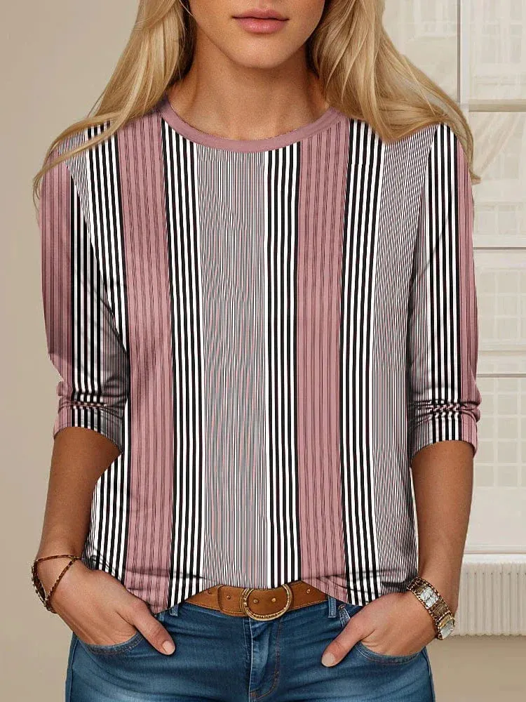 Casual Striped Cat Print Long Sleeve Cotton Tee for Women