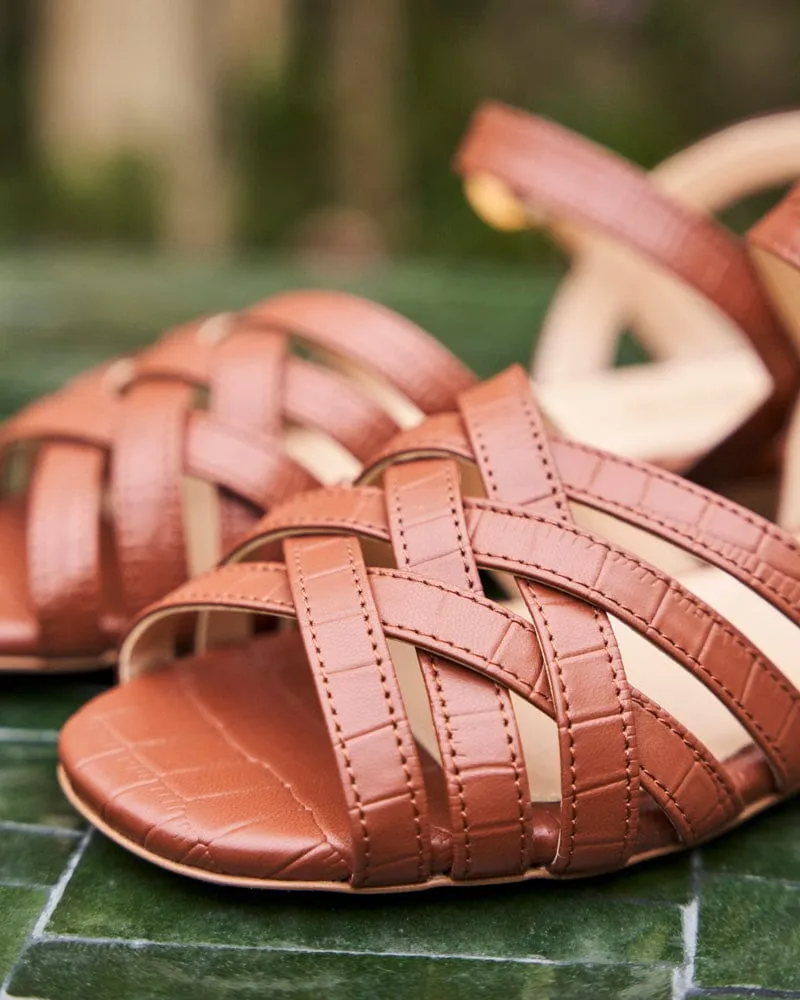 Chamomile Vegan Leather Woven Sandals | Camel Croco