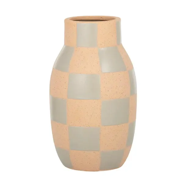 Checkers Ceramic Vase - 14 x 20cm - Wht/Grey