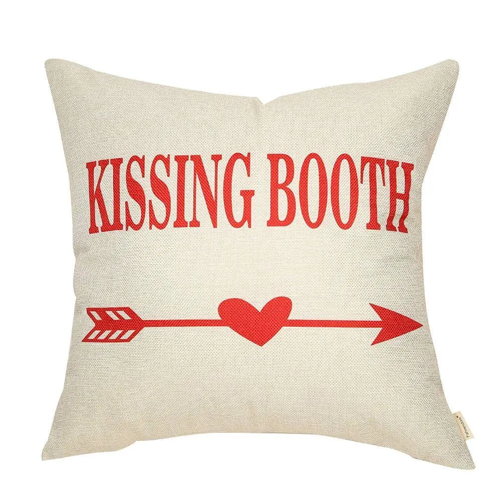 Farmhouse Valentine's Day Sign Kissing Booth Lover Cotton Linen Home Decorative Throw Pillow Case Cushion Cover with Words for Sofa Couch 18 x 18 in