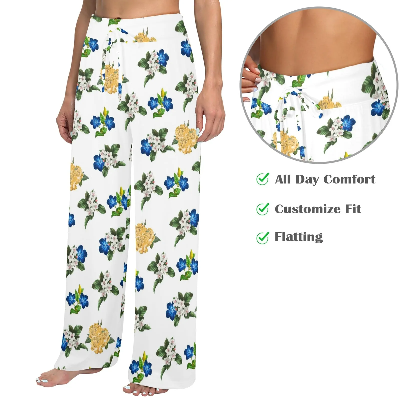 FLORAL BLUE WHITE GOLD MD Women's Wide Leg Lounge Pants (Model L77)