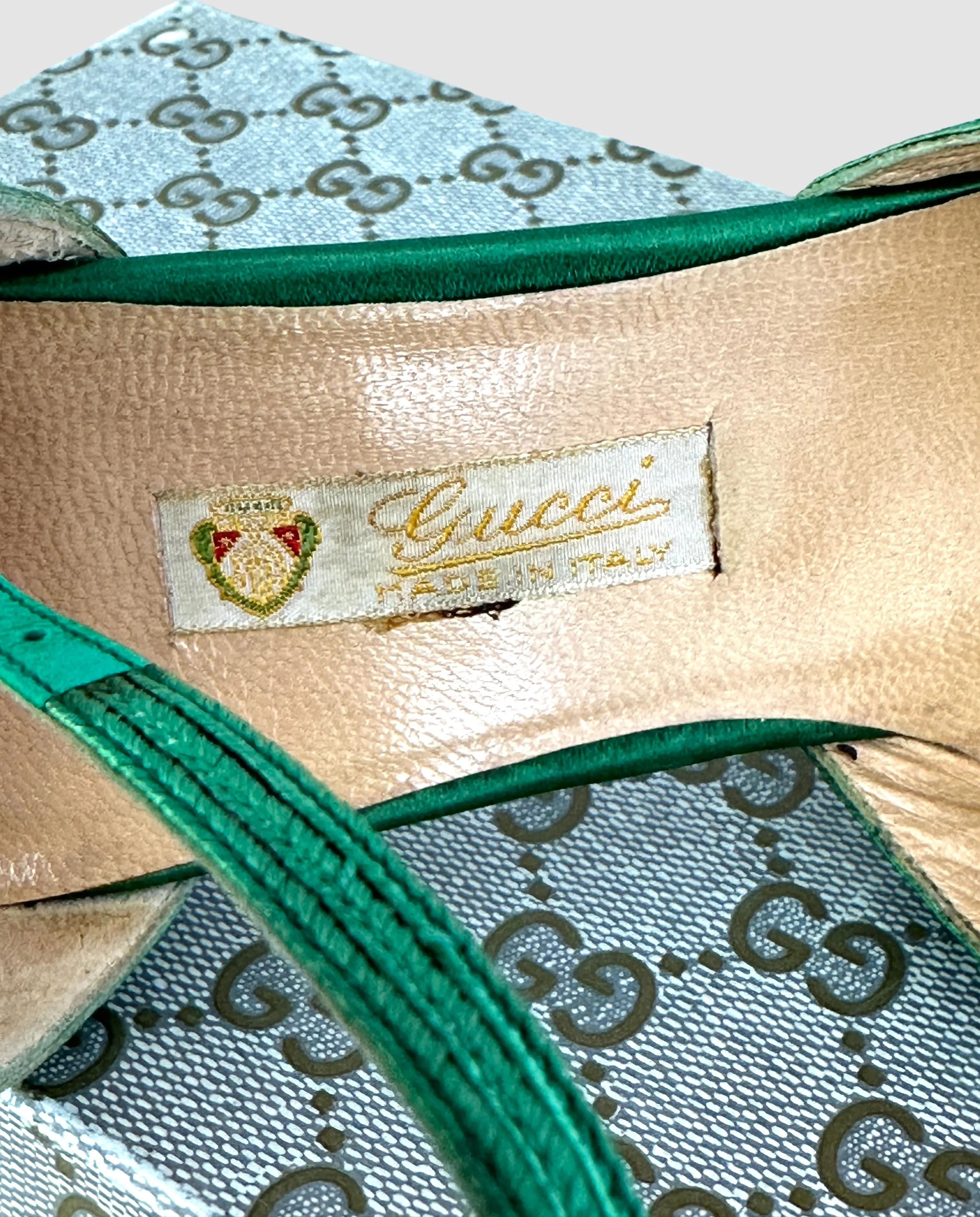 GUCCI 70s Green Satin Ankle Strap Shoes  Size 35 - 5