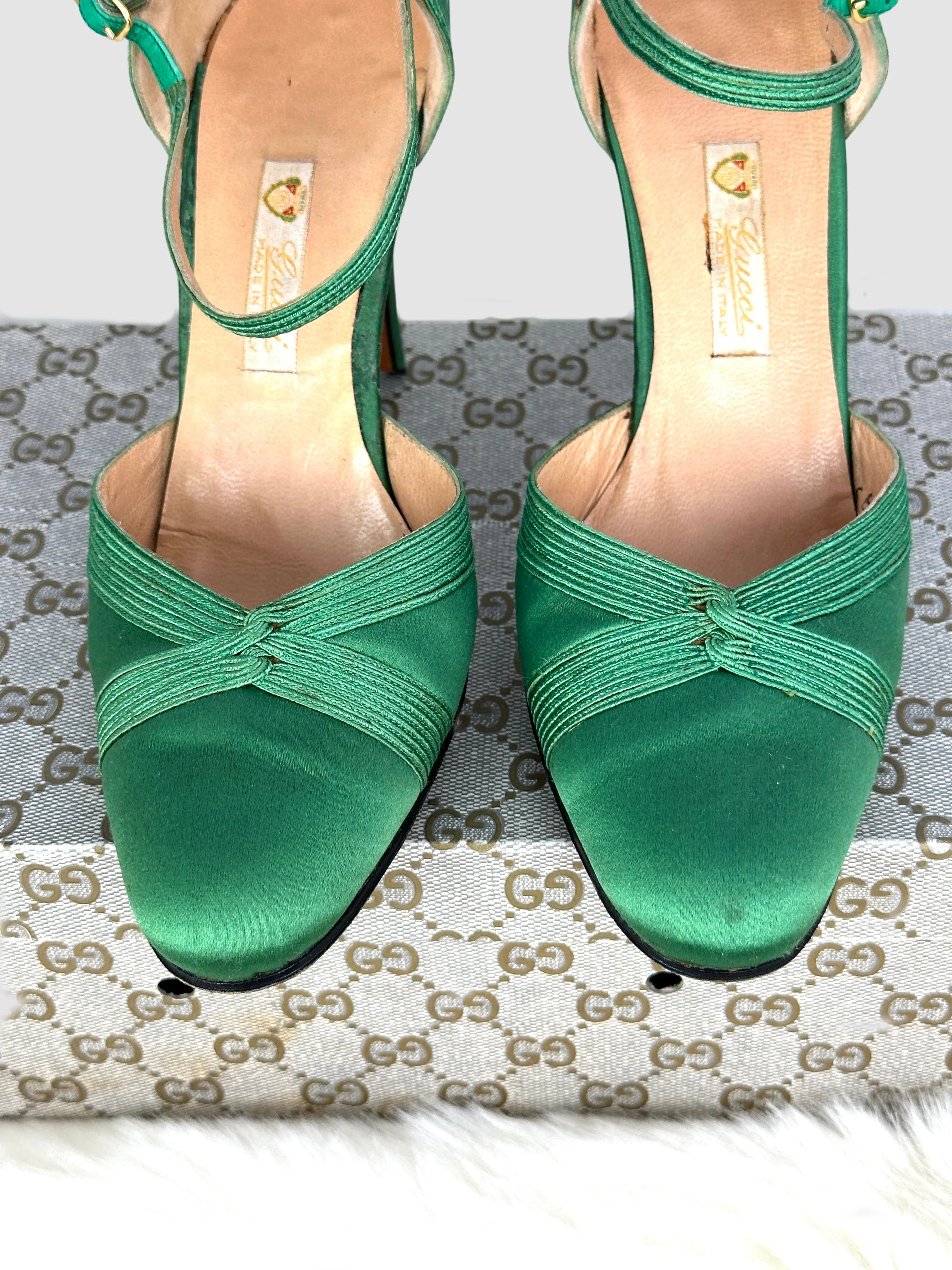 GUCCI 70s Green Satin Ankle Strap Shoes  Size 35 - 5