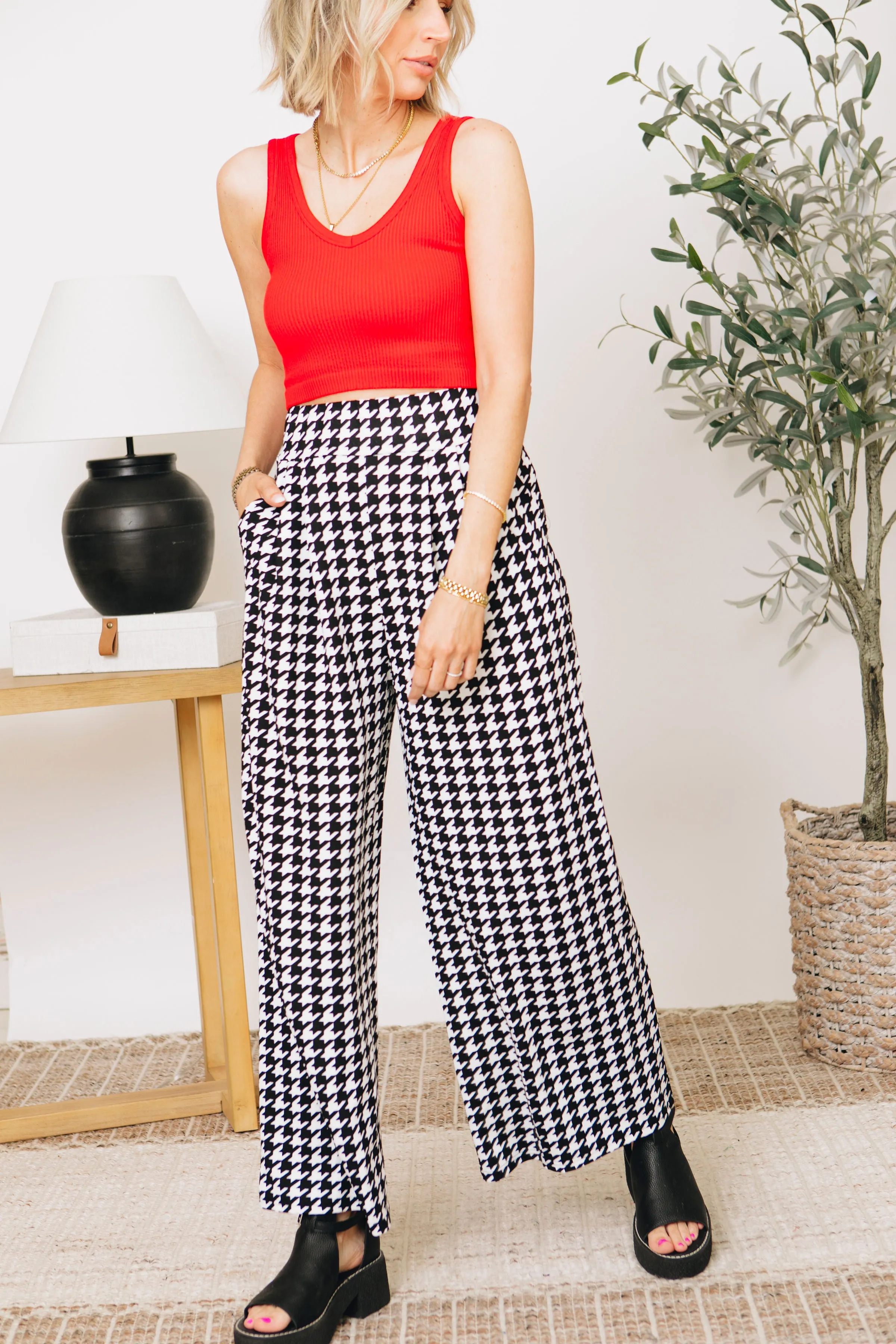 Houndstooth Palazzo Wide Leg Pants (S-3XL)