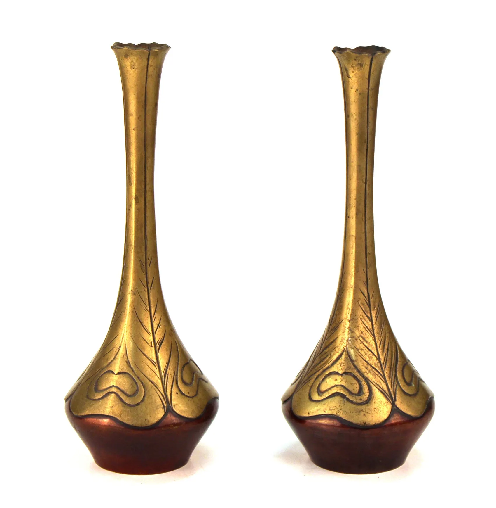 Japanese Art Nouveau Bronze Vases With Peacock Feather Design