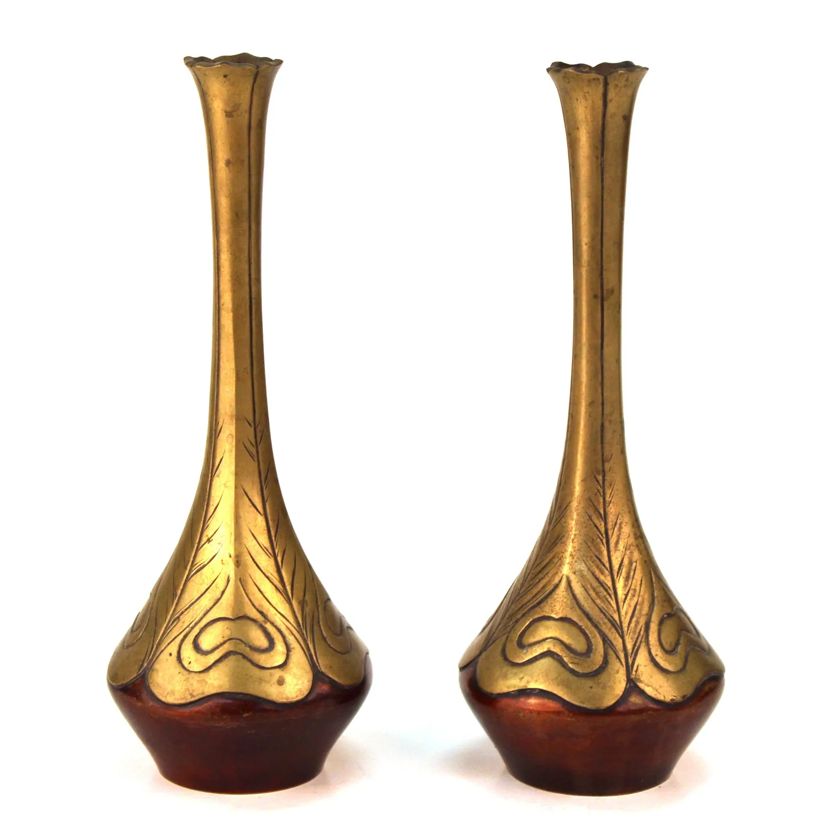 Japanese Art Nouveau Bronze Vases With Peacock Feather Design