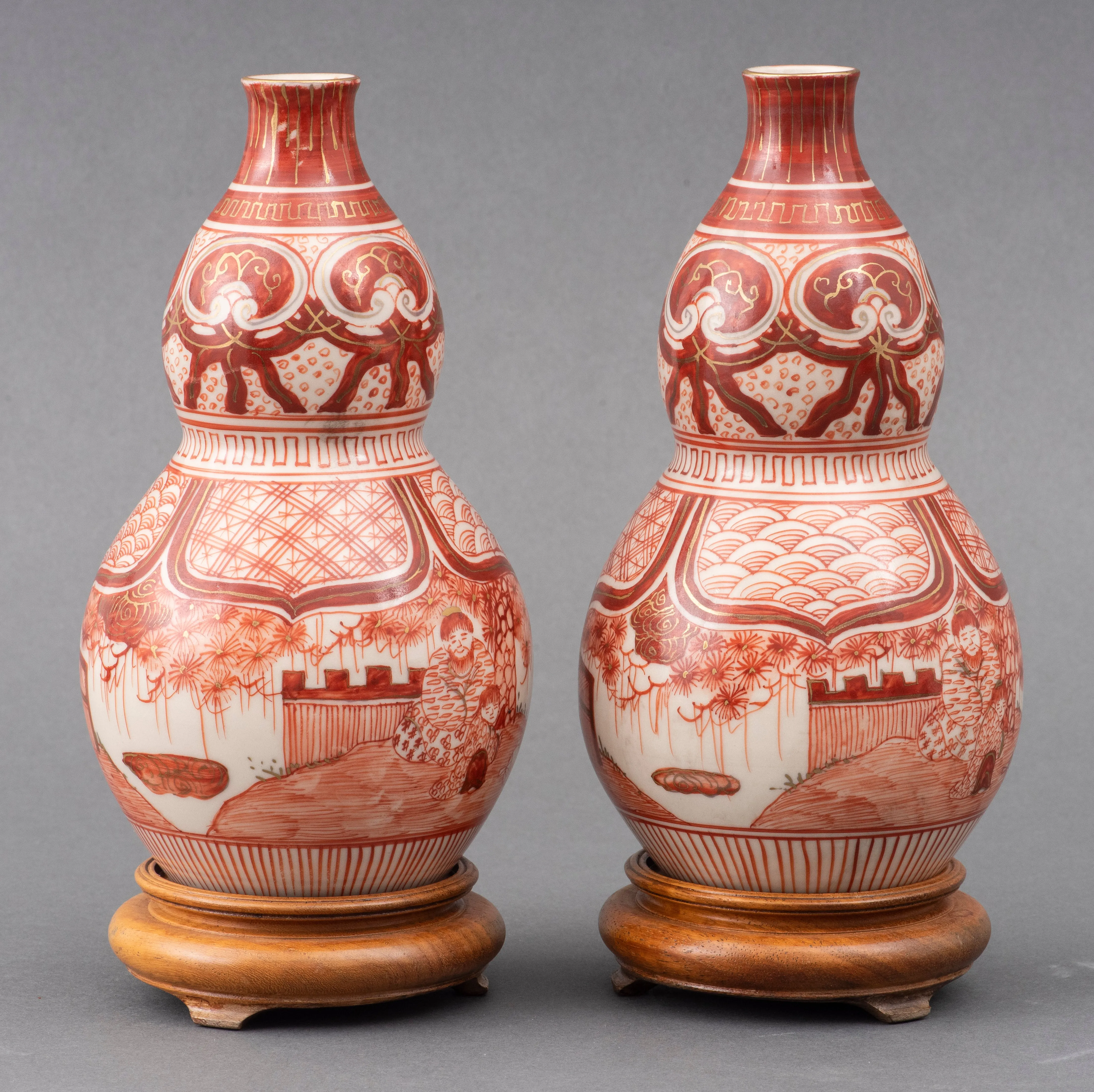 Japanese Kutani Double Gourd Vases, 19th C., Pair