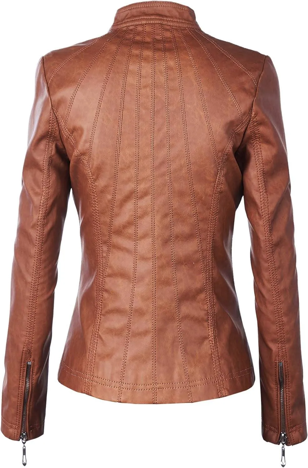 MBJ Womens Faux Leather Zip up Moto Biker Jacket with Stitching Detail