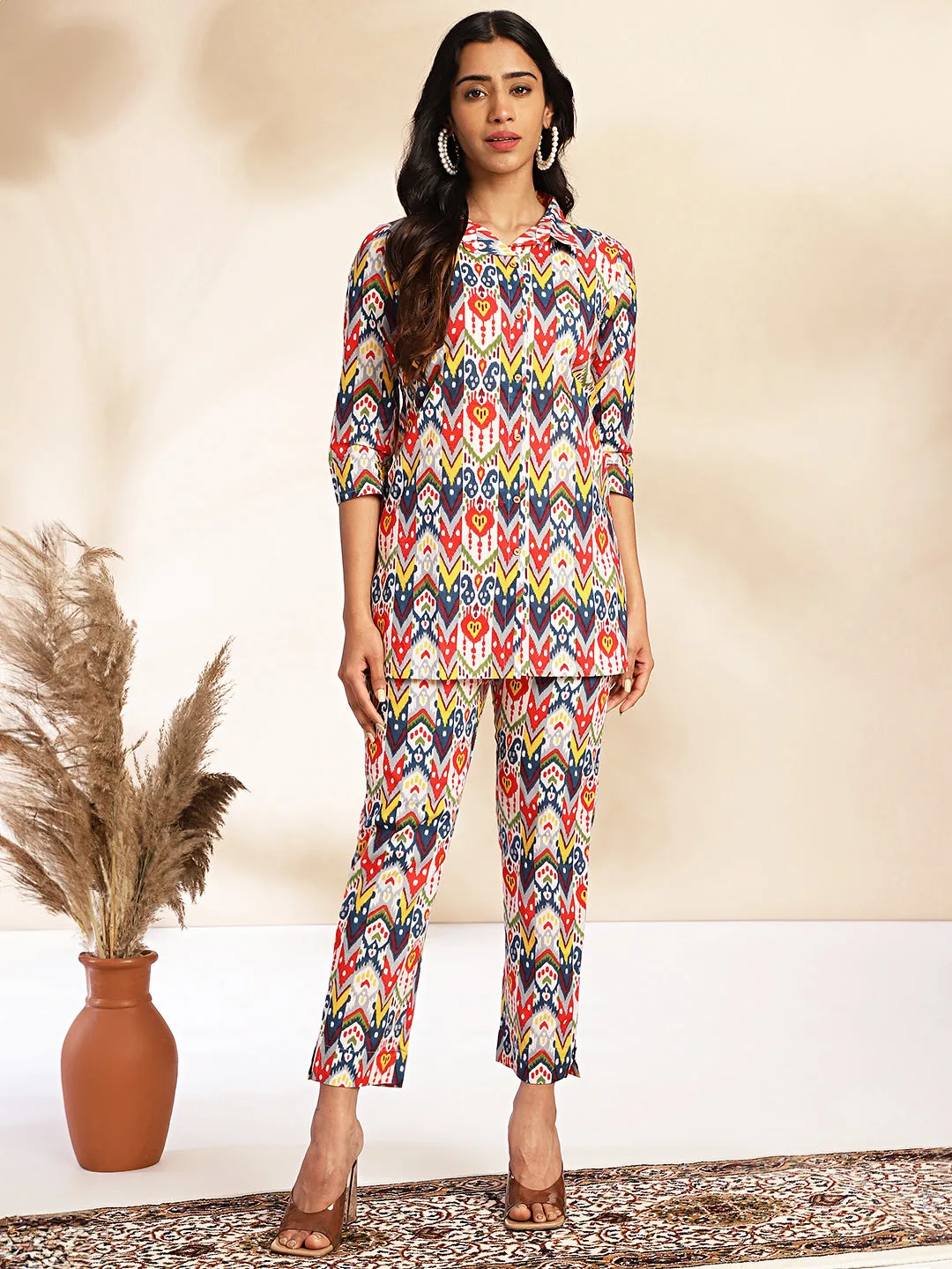 Multicolor Cotton Ikat Printed Co-ords Set