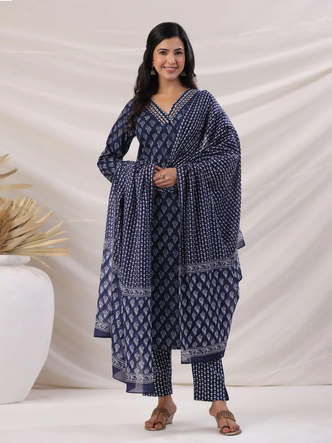 Navy Blue Cotton Ethnic Motifs Regular Kurta Set