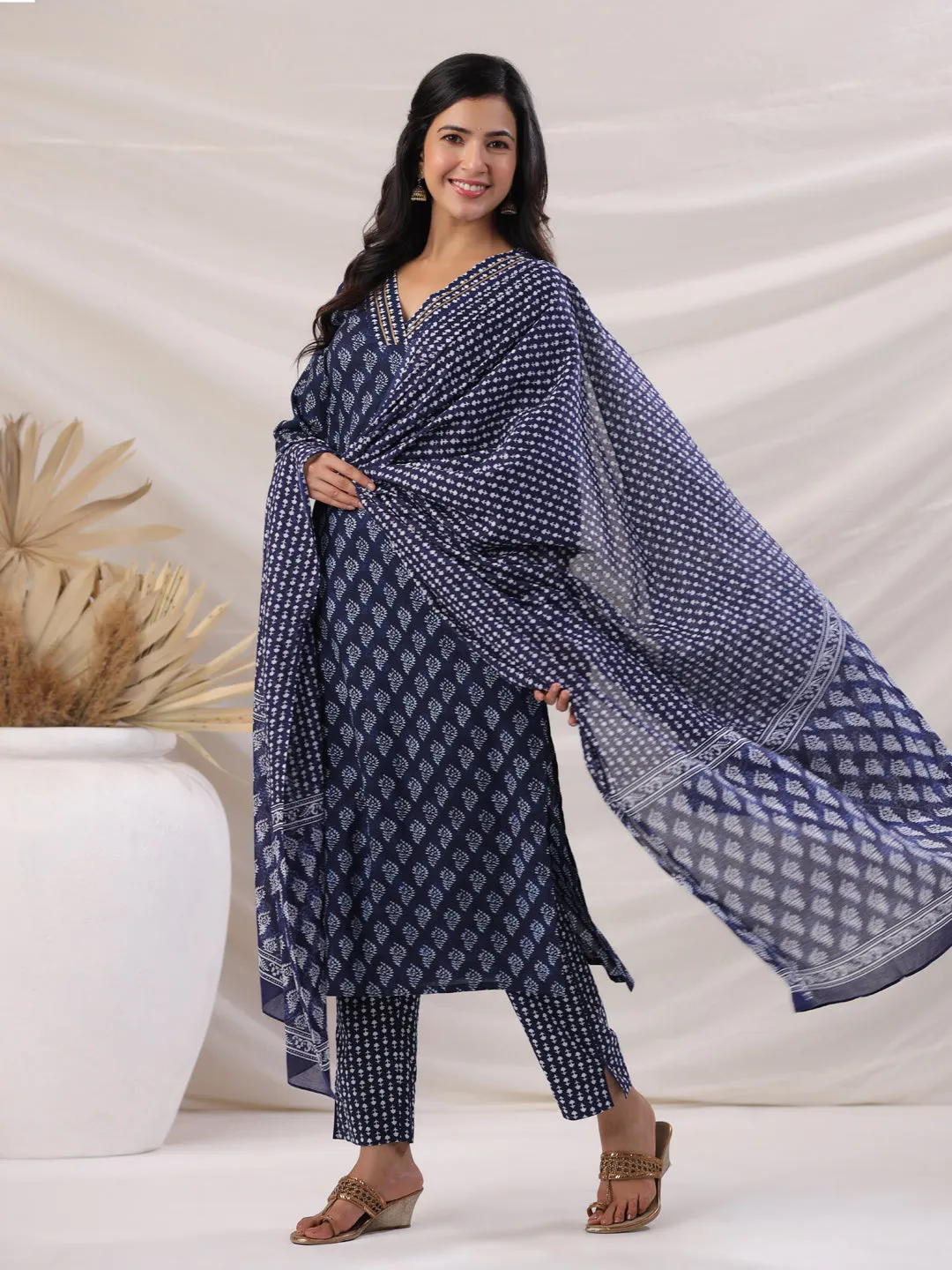 Navy Blue Cotton Ethnic Motifs Regular Kurta Set