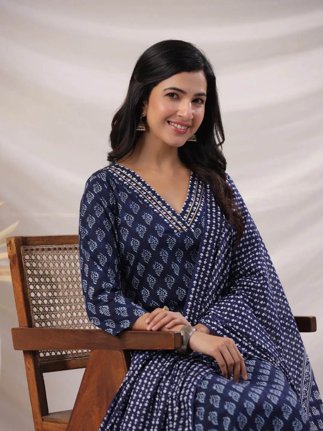 Navy Blue Cotton Ethnic Motifs Regular Kurta Set