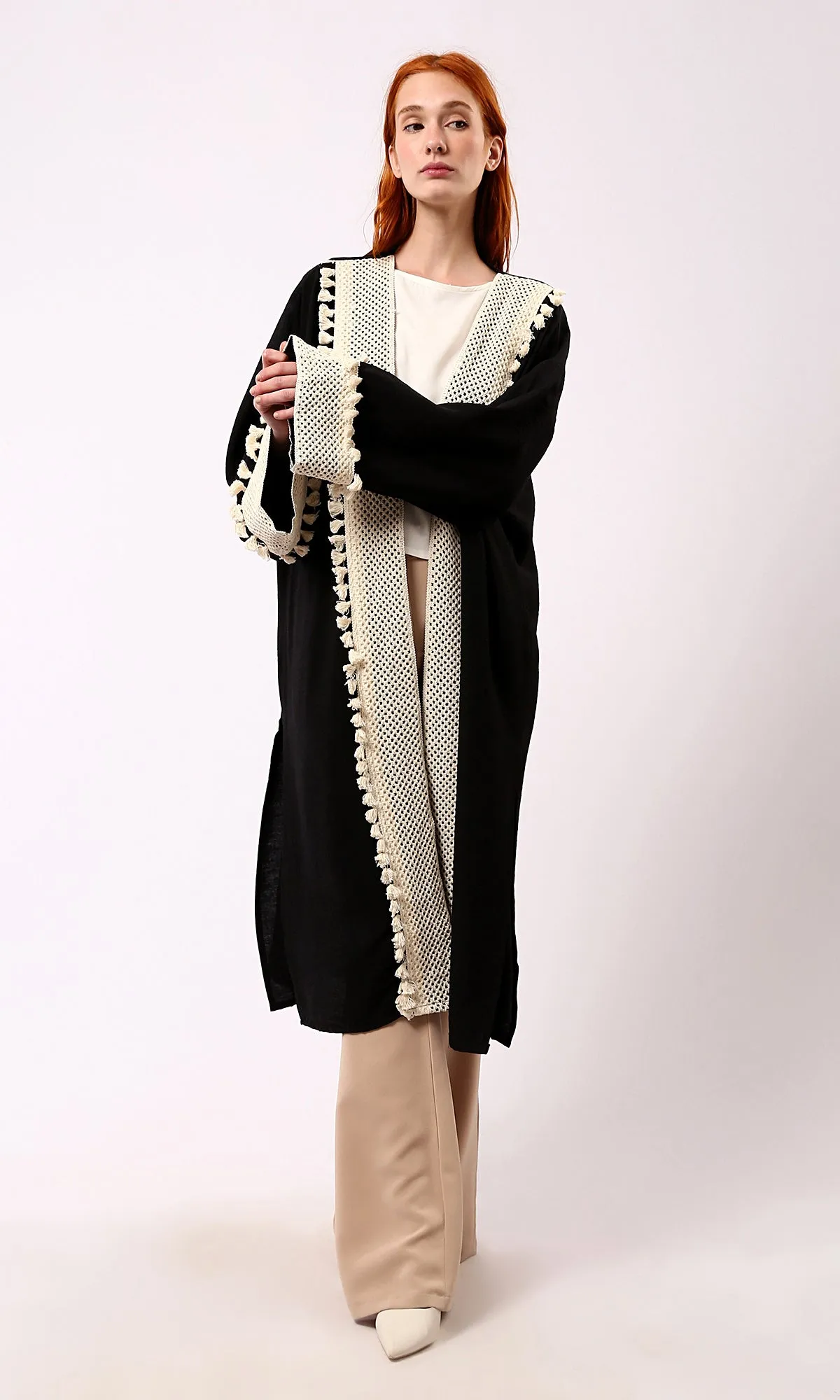 O178808 Crochet Neckline Slip On Black Long Cardigan