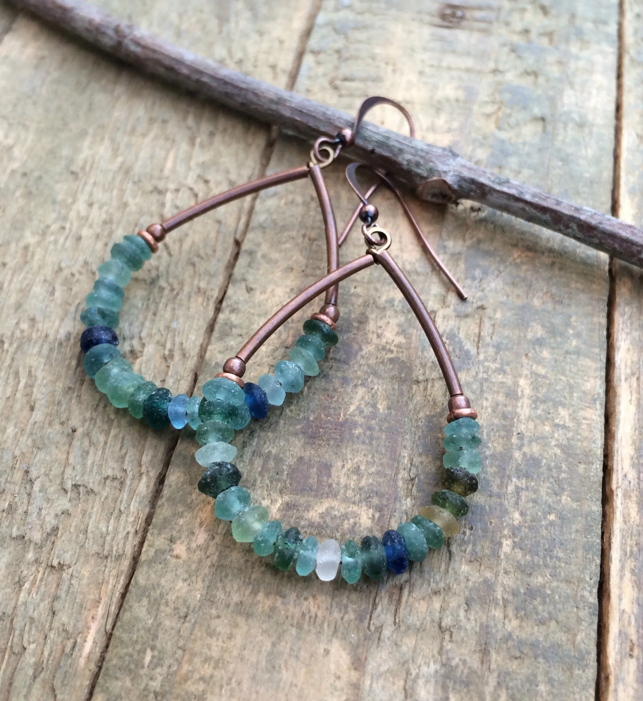 Roman Glass Hoop Earrings, Beaded Earrings, Ancient Glass Jewelry, Recycled Blue Green Glass Jewelry, History Lover Gift, Colorful Earrings