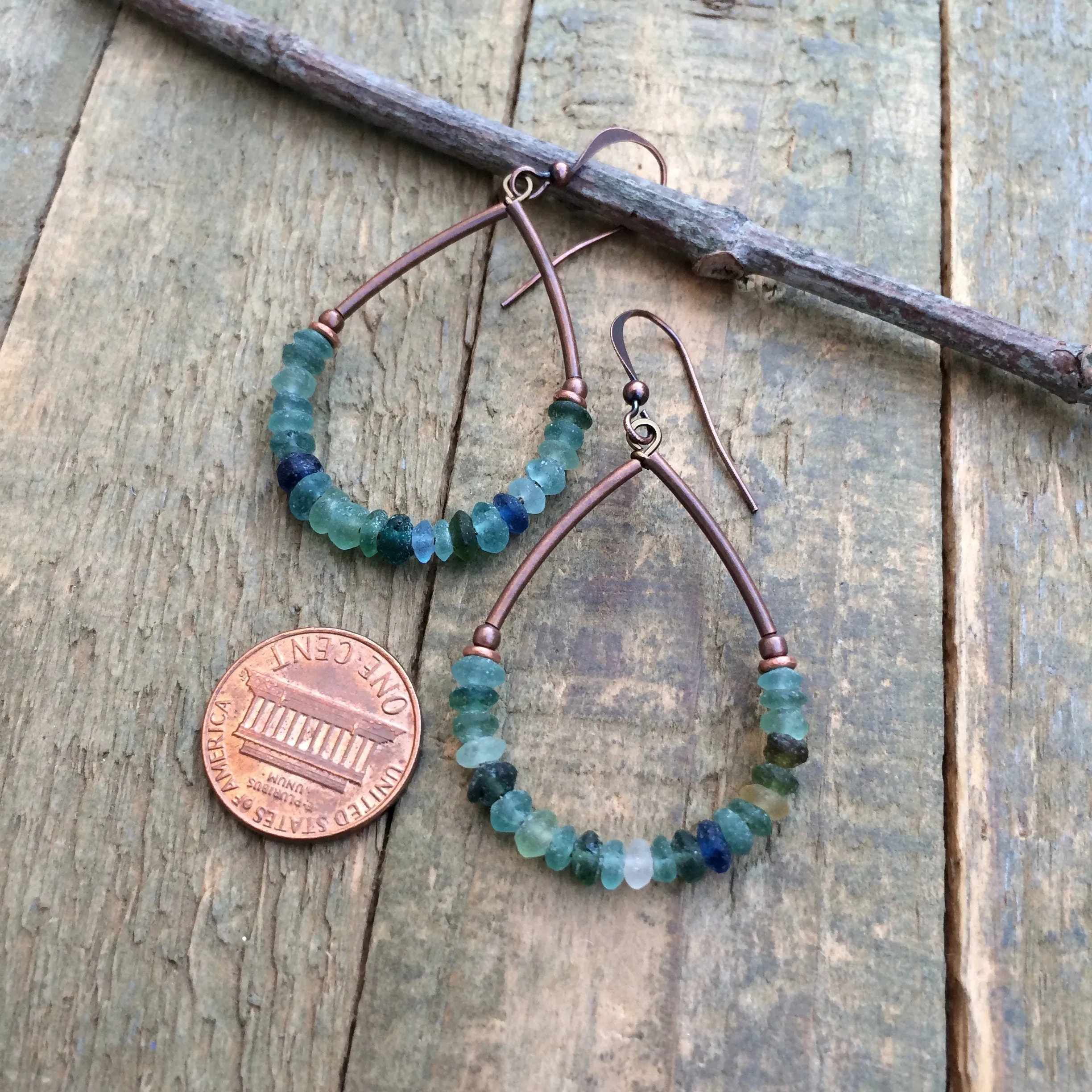 Roman Glass Hoop Earrings, Beaded Earrings, Ancient Glass Jewelry, Recycled Blue Green Glass Jewelry, History Lover Gift, Colorful Earrings