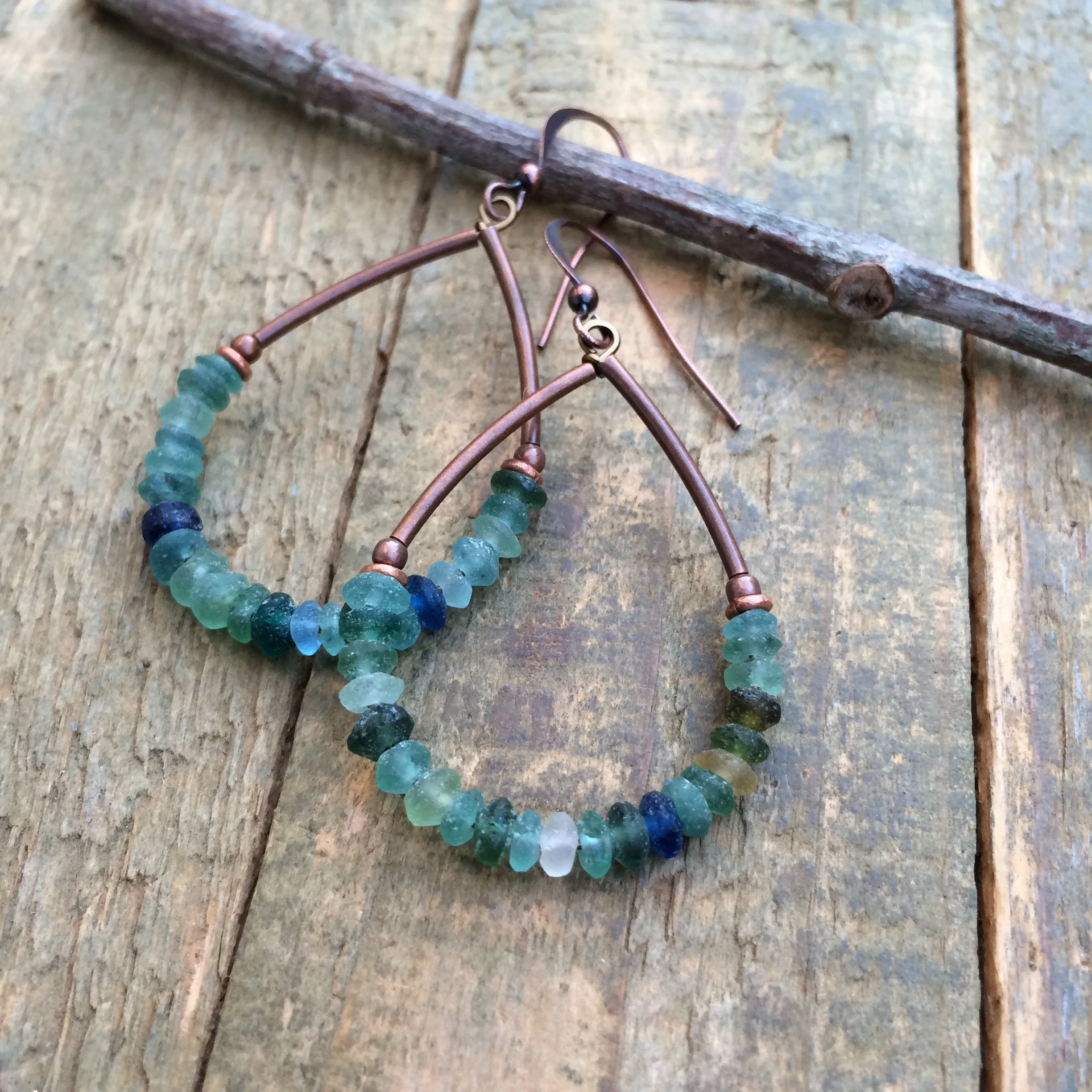 Roman Glass Hoop Earrings, Beaded Earrings, Ancient Glass Jewelry, Recycled Blue Green Glass Jewelry, History Lover Gift, Colorful Earrings