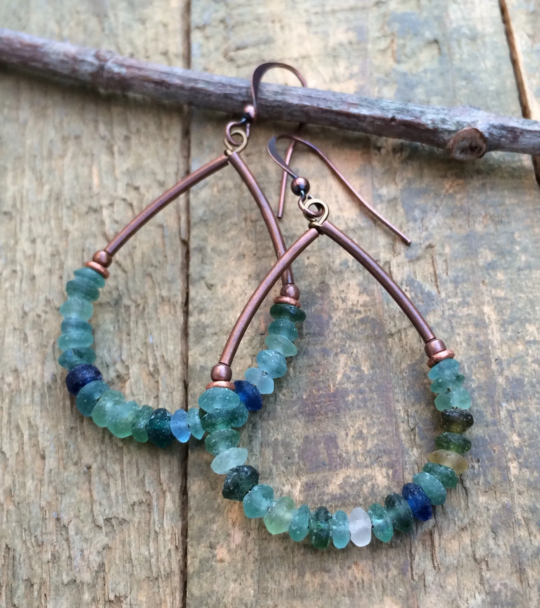 Roman Glass Hoop Earrings, Beaded Earrings, Ancient Glass Jewelry, Recycled Blue Green Glass Jewelry, History Lover Gift, Colorful Earrings