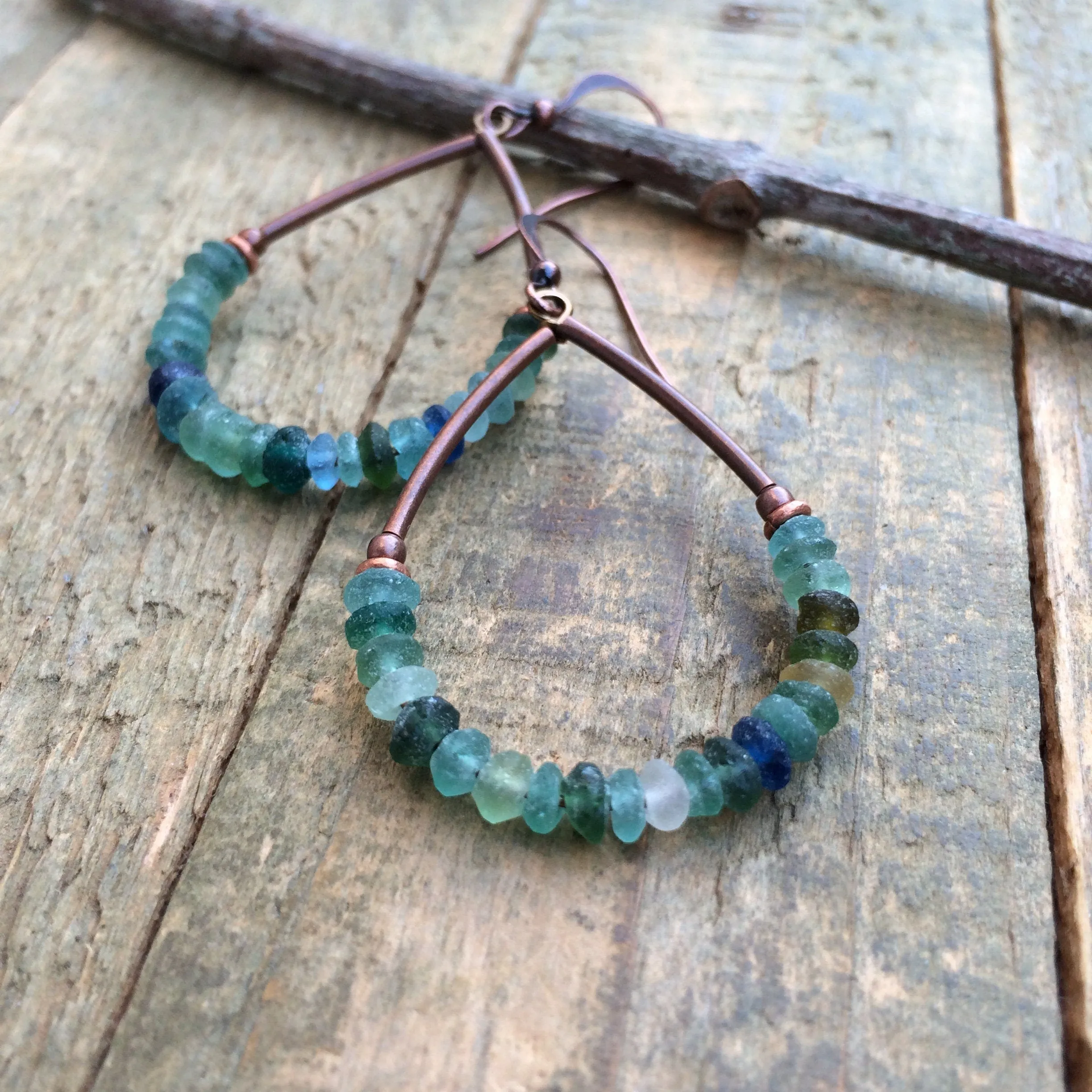 Roman Glass Hoop Earrings, Beaded Earrings, Ancient Glass Jewelry, Recycled Blue Green Glass Jewelry, History Lover Gift, Colorful Earrings