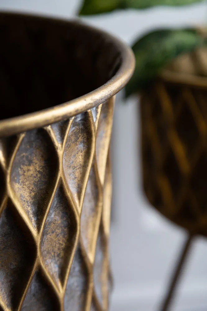 Set Of 2 Antique Brass Planters On Stand