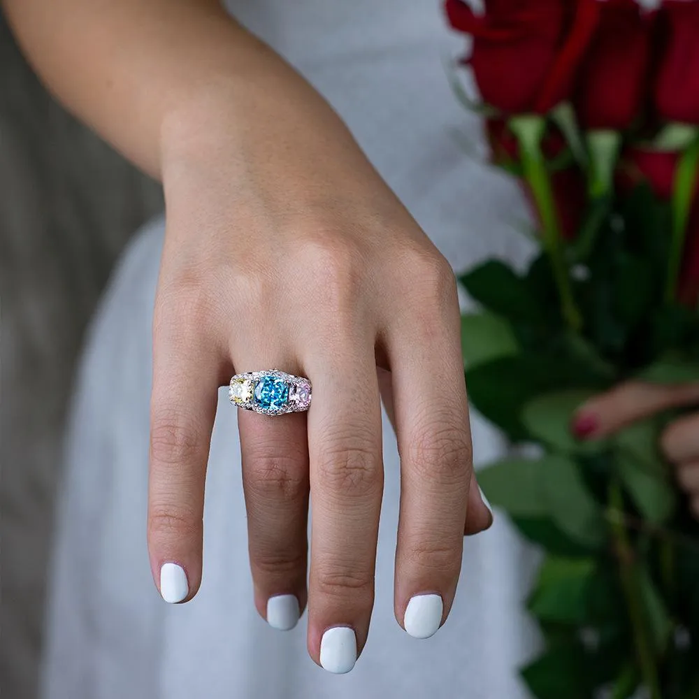 Three Stone With Three Color 925 Sterling Silver Ring